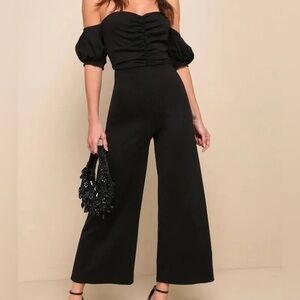 Lulus Black Off Shoulder Puff Sleeve Wide Leg Jumpsuit Elegant Women’s